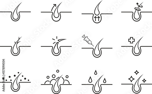 Hair care medical vector icons set, treatment, health, and dermatology tools collection, outline graphic group, editable design elements for clinic, cosmetic, and hygiene projects