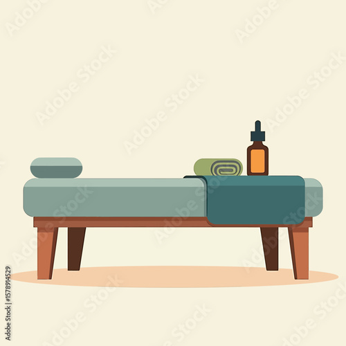 A calm and serene treatment bed setup, complemented by a stylized natural background with abstract elements and a single drop, perfect for creating a peaceful atmosphere for therapeutic sessions.
