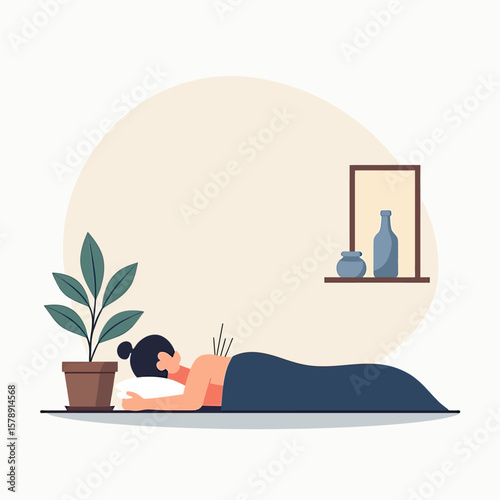 An illustration of a woman lying face down, receiving a therapeutic treatment with a plant nearby, suggesting a relaxing and restorative experience focused on physical well-being and body care.
