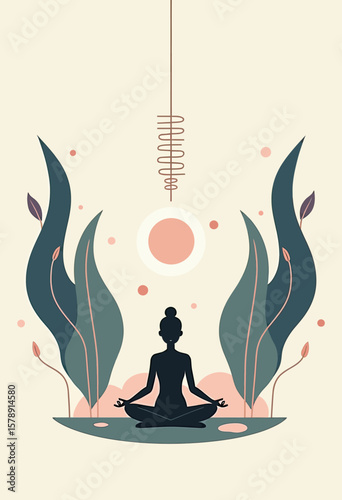 Visualize a tranquil scene with a meditating figure surrounded by abstract plants and a soft sun, conveying a sense of inner peace and the flow of positive energy for holistic well-being.
