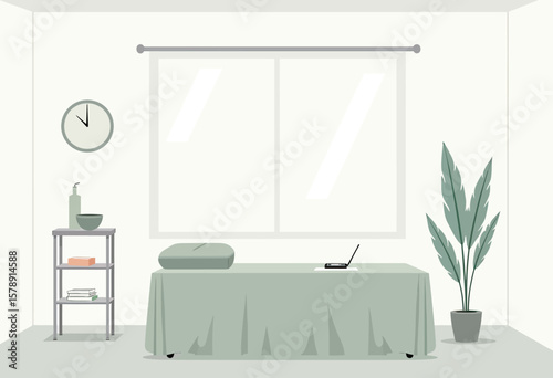 A clean and simple room interior, showcasing a large window with sheer curtains, a comfortable bench with a pillow, and a laptop on the bench, creating a bright and functional living or working space.
