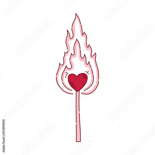 Burning match in the shape of a heart in coquette aesthetics. Festive element for Valentine's Day. Vector illustration in doodle style for decoration, stickers for invitations, diaries and scrapbooks.