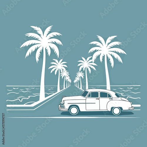 Classic White Car Driving on a Serene Coastal Highway with Palm Trees, Depicting a Relaxing Road Trip and Tropical Getaway.