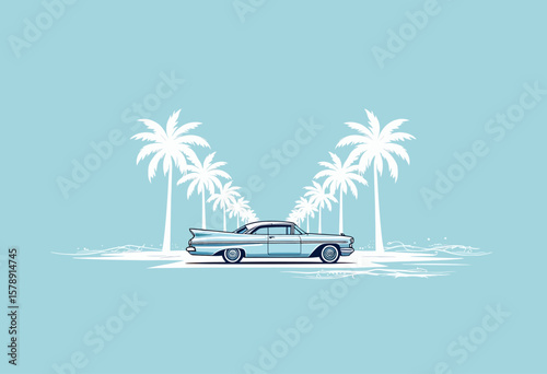 Vintage Blue Convertible Cruising Down a Palm-Lined Coastal Road, Evoking a Nostalgic Summer Vacation and Road Trip Vibe.