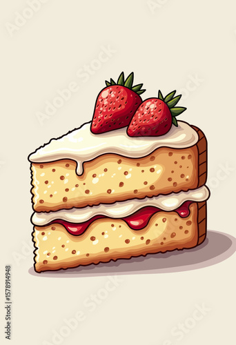 A mouthwatering slice of layered cake topped with creamy frosting and fresh strawberries, perfect for celebrating special occasions or indulging in a sweet dessert treat.
