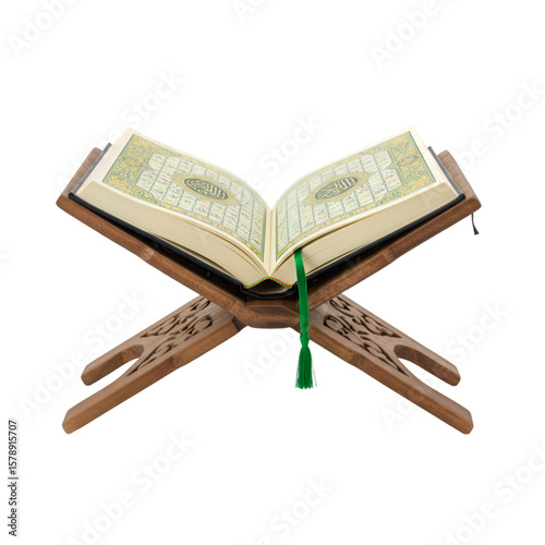 Illustration Of Open Quran Book On Wooden Stand On Transparent Background