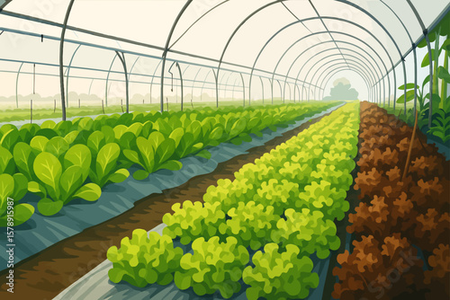 A vibrant vegetable garden inside a greenhouse, featuring multiple rows of leafy greens such as romaine lettuce, green oak, and red oak. The structured layout is organized with clean planting beds and