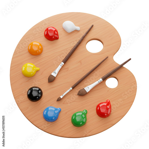 Illustration of Wood Palette with Various Colors and Brush Set on Art