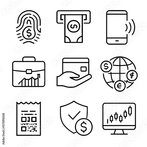 Explore a dynamic set of finance icons featuring fingerprint security, ATMs, and global currency symbols. Perfect for banking apps, payment platforms, and business designs. High-quality vector art wit