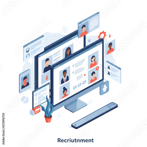 Illustration of Recruitment Application on Computer Screen with Candidates