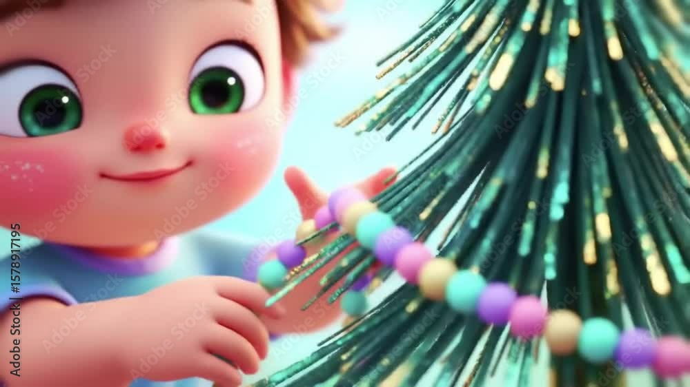Animated child delicately hangs a string of pastel beads around a pine tree accented with soft teal and gold highlights