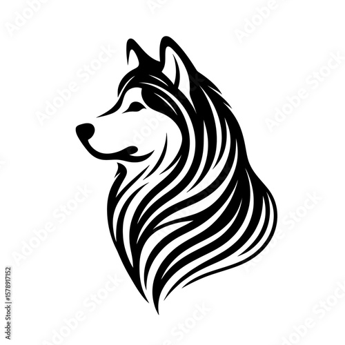 Vector illustration of husky dog in black strokes and lines. Family pet, love and care for animals, adoption fair. Types of breeds, decoration for grooming salon or vet clinic