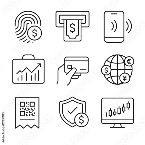 This versatile icon set features finance elements like cash, ATM, credit card, and cryptocurrency. Perfect for banking, business, and e-commerce themes. Ideal for apps, websites, and financial designs