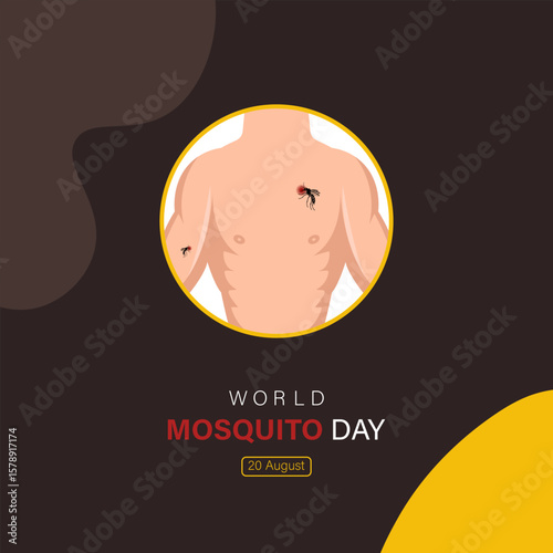 World Mosquito Day with human figure, mosquito stings, awareness ribbon, infection spots, health hazard, and warning message.
