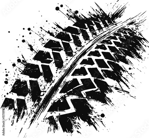  Dynamic black tire tread pattern contrasted with a white background, featuring paint splatter for visual impact. Perfect for automotive, design, or graphic