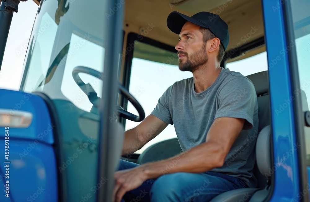 Obraz premium Young farmer drives agriculture tractor. Modern male in tractor cabin, working in field, focused on work. Farming occupation at sunny day. Agriculture, cultivation, eco farming concept.