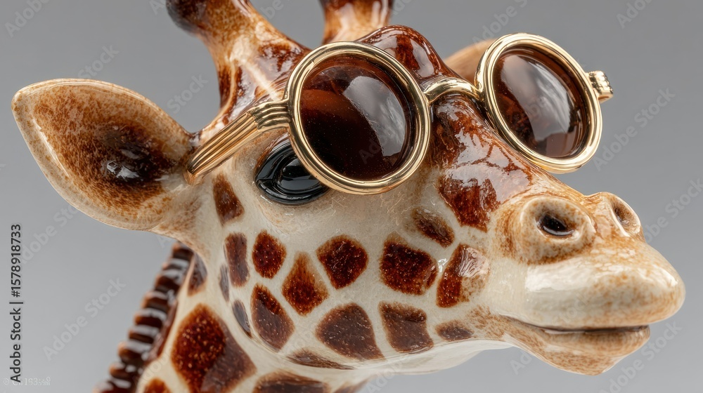 Fototapeta premium Ceramic giraffe head, wearing round sunglasses