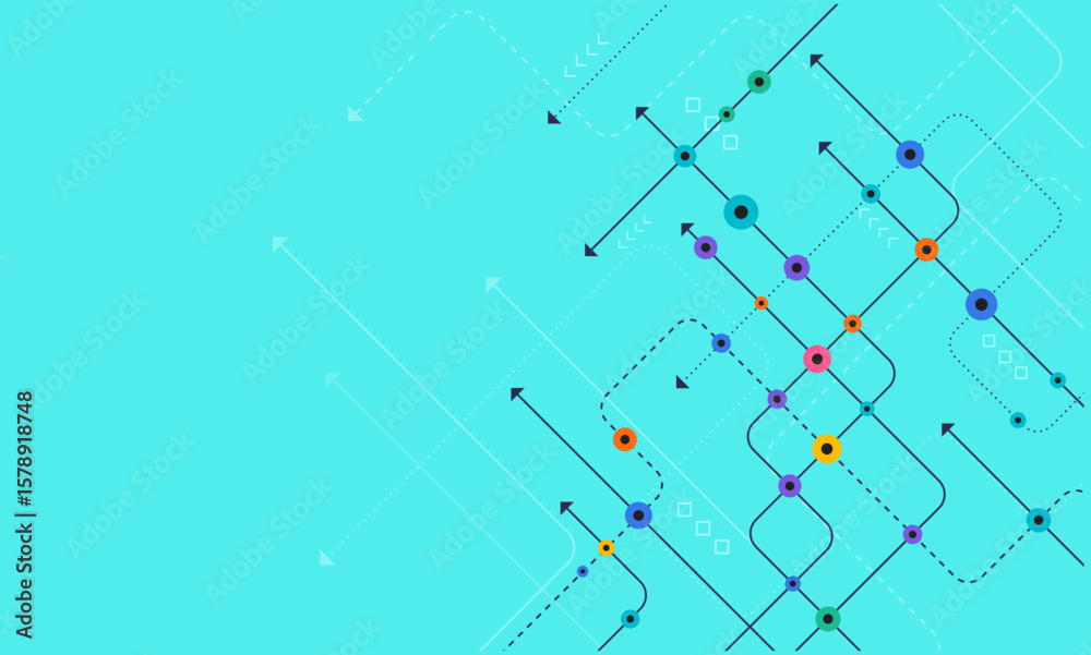 Fototapeta premium Dynamic abstract grid map with colorful nodes and arrows on cyan background, perfect for transport, technology, direction, or data flow themes.
