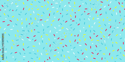 Playful seamless confetti sprinkle pattern with stars and shapes in vivid colors on blue background, perfect for party themes, gift wrap, or festive designs.