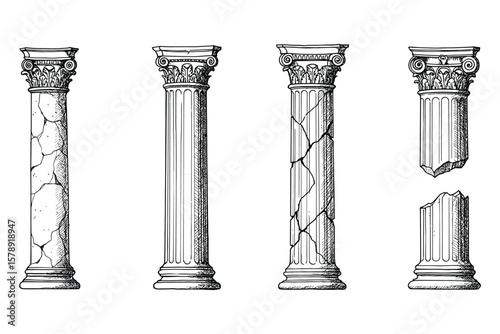 Black and white engraving-style drawing of broken Corinthian columns, detailed fluted shafts and cracks, symbolizing historic elegance and structural erosion, ideal for archeology, antique print