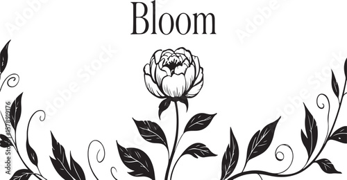 Elegant black and white floral bloom design featuring a peony with lush leaves and curlicues