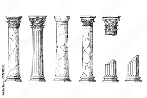 Detailed pen-and-ink artwork of deteriorated Corinthian pillars from ancient Roman or Greek architecture, showcasing symbolic decay, historical preservation, architectural fragments, ideal
