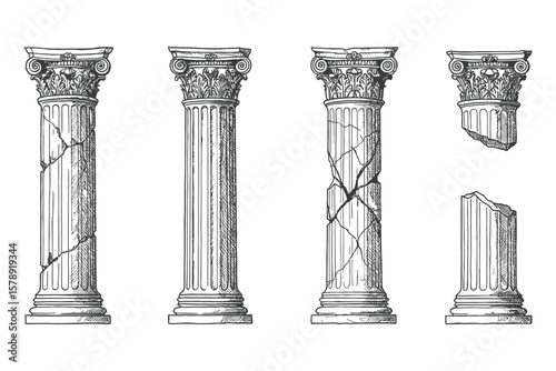 Hand-drawn vintage Corinthian column illustration showing a broken and weathered ancient architectural pillar, ideal for classical architecture, archaeological art, restoration design, historic