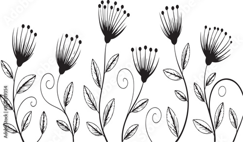 Elegant black and white floral design featuring delicate botanical flower arrangements