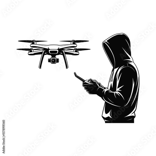 Silhouette of a person operating a drone with a remote control illustration on white background.