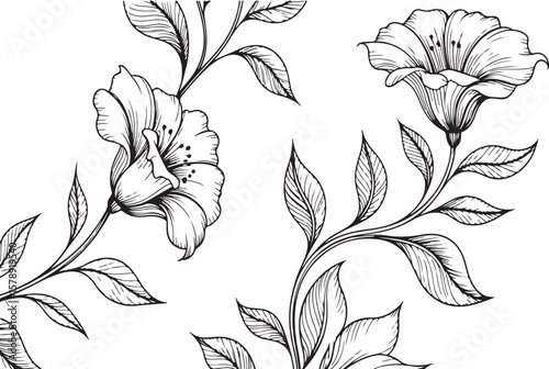 Elegant black and white floral illustration of blooming flowers and delicate leaves.