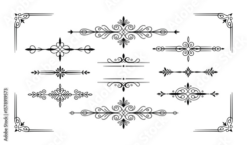 Ornate Collection of Black Flourish Dividers and Corner Elements, Ideal for Vintage Invitations and Document Design