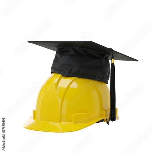 Illustration of Yellow Hard Hat with Graduation Cap on Transparent Background