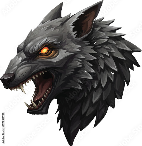 Aggressive Dark Wolf Head with Glowing Eyes – Digital Fantasy Illustration