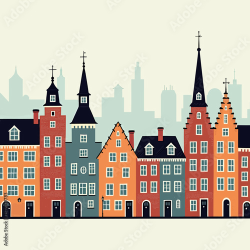 A charming European cityscape featuring a row of colorful, historic buildings with distinct architectural styles and spires, set against a soft, muted sky, evoking a sense of old-world charm.
