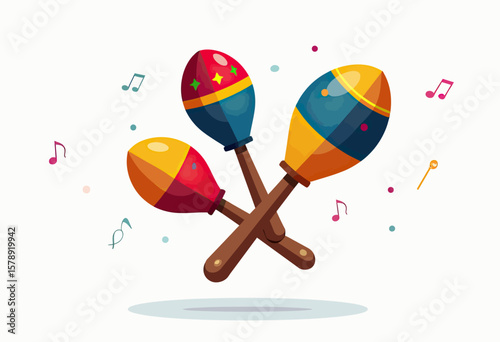 A lively trio of maracas in red, blue, and yellow, accented with musical notes and confetti, perfect for evoking a festive and musical atmosphere for any event.
