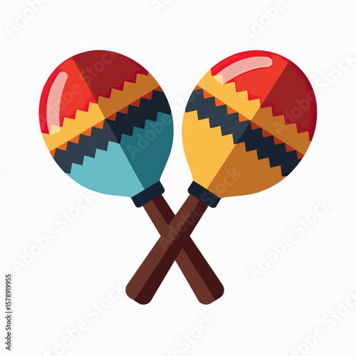 A vibrant pair of crossed maracas, featuring red, blue, and yellow segments with zigzag patterns, perfect for adding a lively Latin rhythm to any festive occasion or musical theme.
