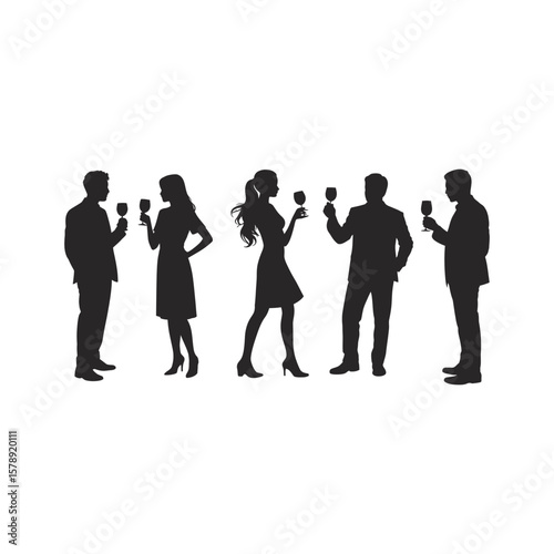 Silhouette of people at a social gathering celebrating with wine glasses in hand.