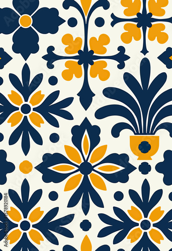  Traditional Tile Pattern with Floral Motifs in Navy Blue and Ochre, Offering a European-Inspired Aesthetic for Decorative Wall Coverings or Textile Designs.