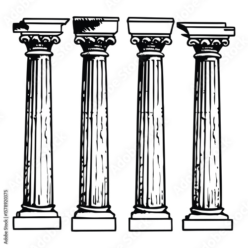 Ruined marble column sketch in ancient Corinthian design, cracked and separated top and base, ideal for historical and architectural illustration projects, classic culture references, and educa