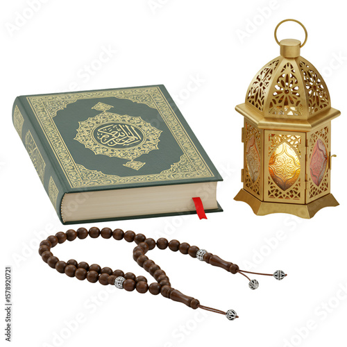 Illustration Ramadan Quran with Golden Lantern and Prayer Beads Transparent