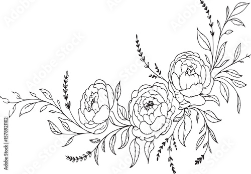 Elegant floral corner border illustration featuring hand drawn peonies and leaves in black and white