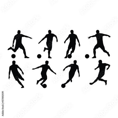 Silhouette soccer players in action kicking passing and dribbling the ball isolated on white