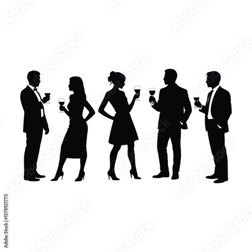 Silhouettes of elegant people celebrating with wine glasses at a social gathering