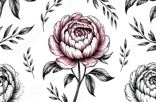 Elegant watercolor peony flower pattern with foliage isolated on a white background