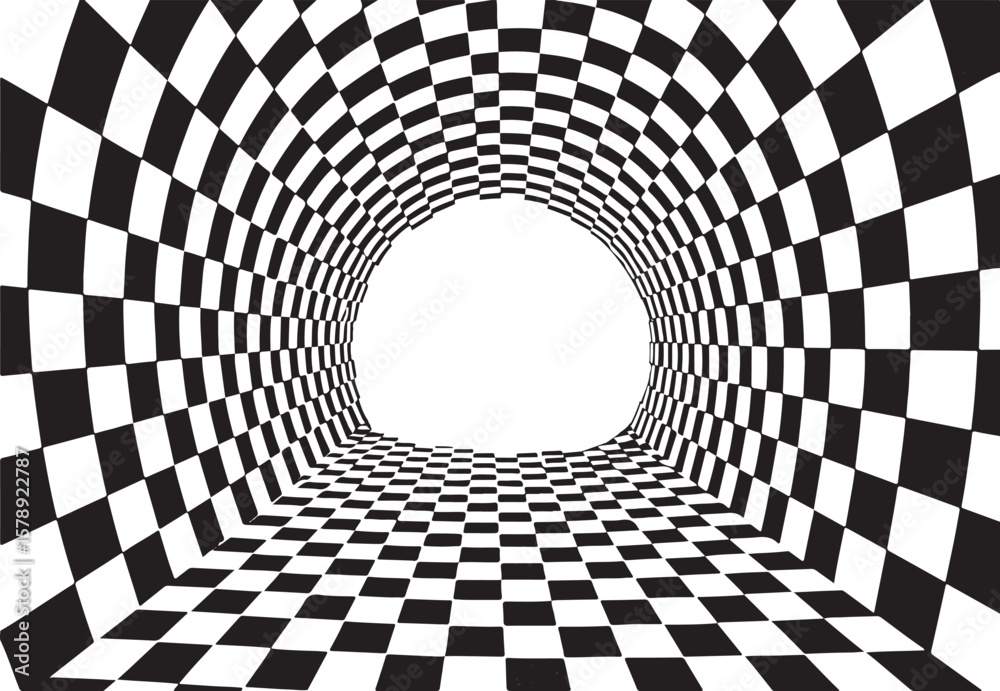 Naklejka premium Perspective illusion featuring a black and white checkered tunnel with a central white space