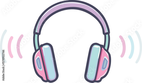 Cute and colorful cartoon headphones broadcasting sound waves on a white background.