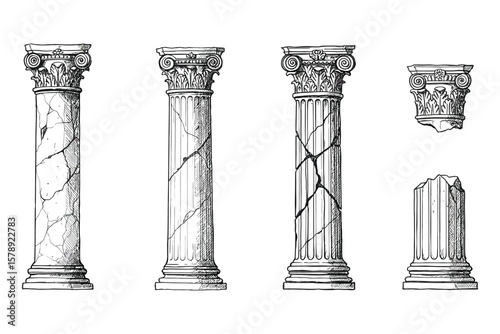 Vintage architectural drawing of a classical Corinthian column with structural damage, fluted body, and ornamental capital, suitable for ancient ruin themes, archaeological illustration, educat