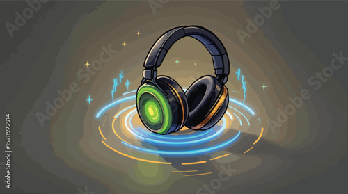 Stylish gaming headphones with glowing green elements and abstract sound waves illustration.