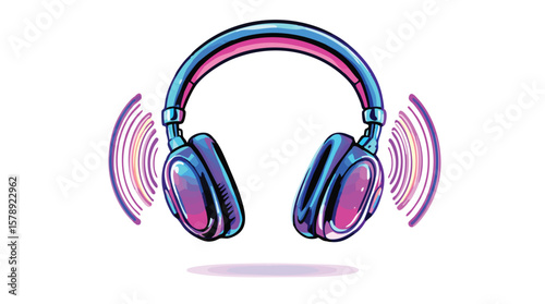 Stylish illustrated wireless headphones emitting sound waves against a clean white background.
