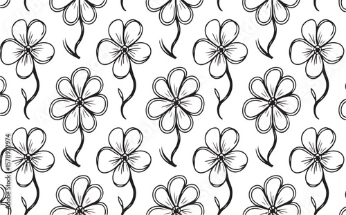 Seamless floral pattern featuring hand drawn outlined flowers on a white background